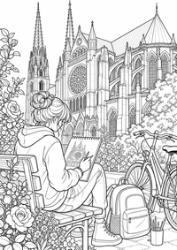 Ein Jugendlicher zeichnet die großen Fenster, Bögen und Strebepfeiler der Kathedrale; Skizzenbuch, Stifte, Fahrrad und Pflanzen ergänzen die Architektur. Als kostenloses A4-Ausmalbild mit klaren schwarzen Konturen ist das Motiv für Jugendliche gut druckbar und angenehm auszumalen.