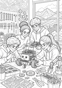 Jugendliche bauen in einer Werkstatt einen kleinen Roboter; Zahnräder, Werkzeuge, Schaltmuster, Schutzbrillen und ein Bergfenster verbinden Technik mit der Alpenstadt. Als kostenloses A4-Ausmalbild mit klaren schwarzen Konturen ist das Motiv für Jugendliche gut druckbar und angenehm auszumalen.