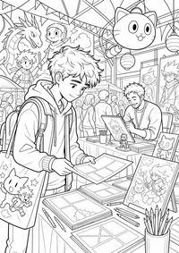 Ein Teenager entdeckt an einem Festivalstand Comicseiten ohne Text; Stifte, Taschen, ein Zeichner und ein dekorierter Pavillon erzählen von der französischen Comicstadt. Als kostenloses A4-Ausmalbild mit klaren schwarzen Konturen ist das Motiv für Jugendliche gut druckbar und angenehm auszumalen.