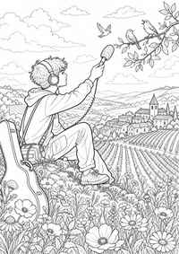 Ein junger Musiker hält ein Aufnahmegerät zu singenden Vögeln; Gitarrenkoffer, Wildblumen, Weinreben und ein Steindorf geben der Landschaft viele Details. Als kostenloses A4-Ausmalbild mit klaren schwarzen Konturen ist das Motiv für Jugendliche gut druckbar und angenehm auszumalen.
