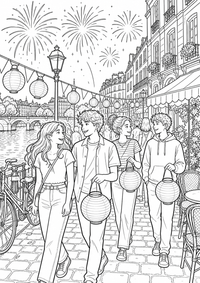 Jugendliche tragen am Fluss unbeschriftete Papierlaternen; Wimpel, Caféstühle, Fahrräder, historische Fenster und kleine Feuerwerkslinien machen den Abend festlich. Als kostenloses A4-Ausmalbild mit klaren schwarzen Konturen ist das Motiv für Jugendliche gut druckbar und angenehm auszumalen.