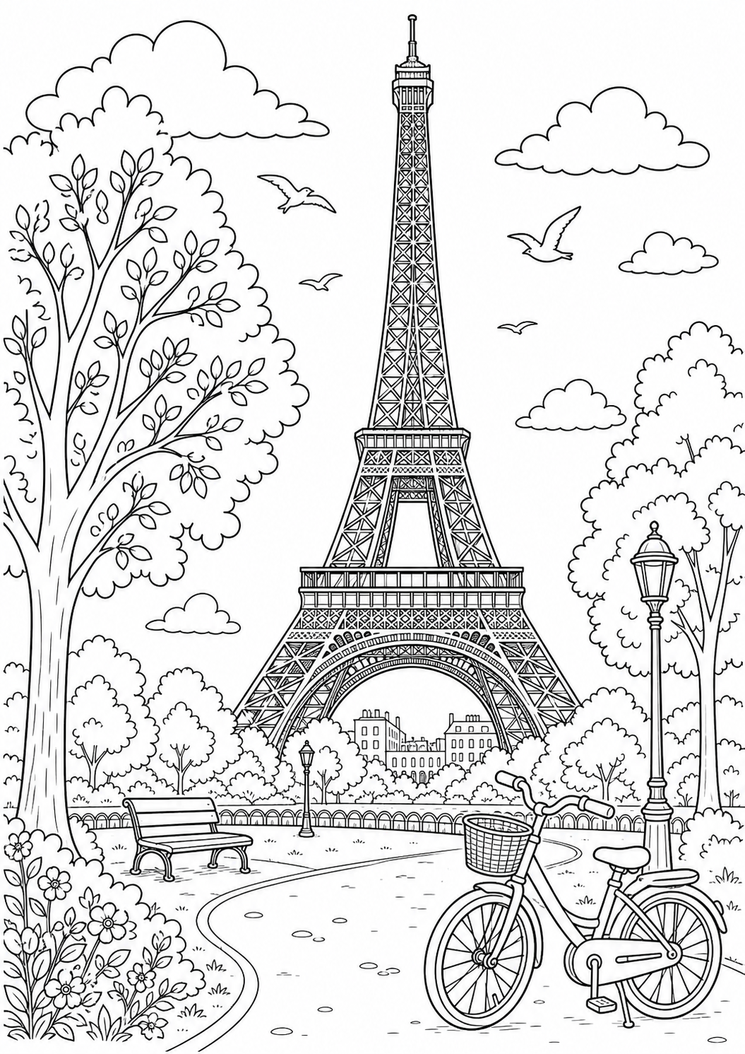 Eiffelturm in Paris als schwarz-weißes Geschichte-Ausmalbild mit klaren Konturen.