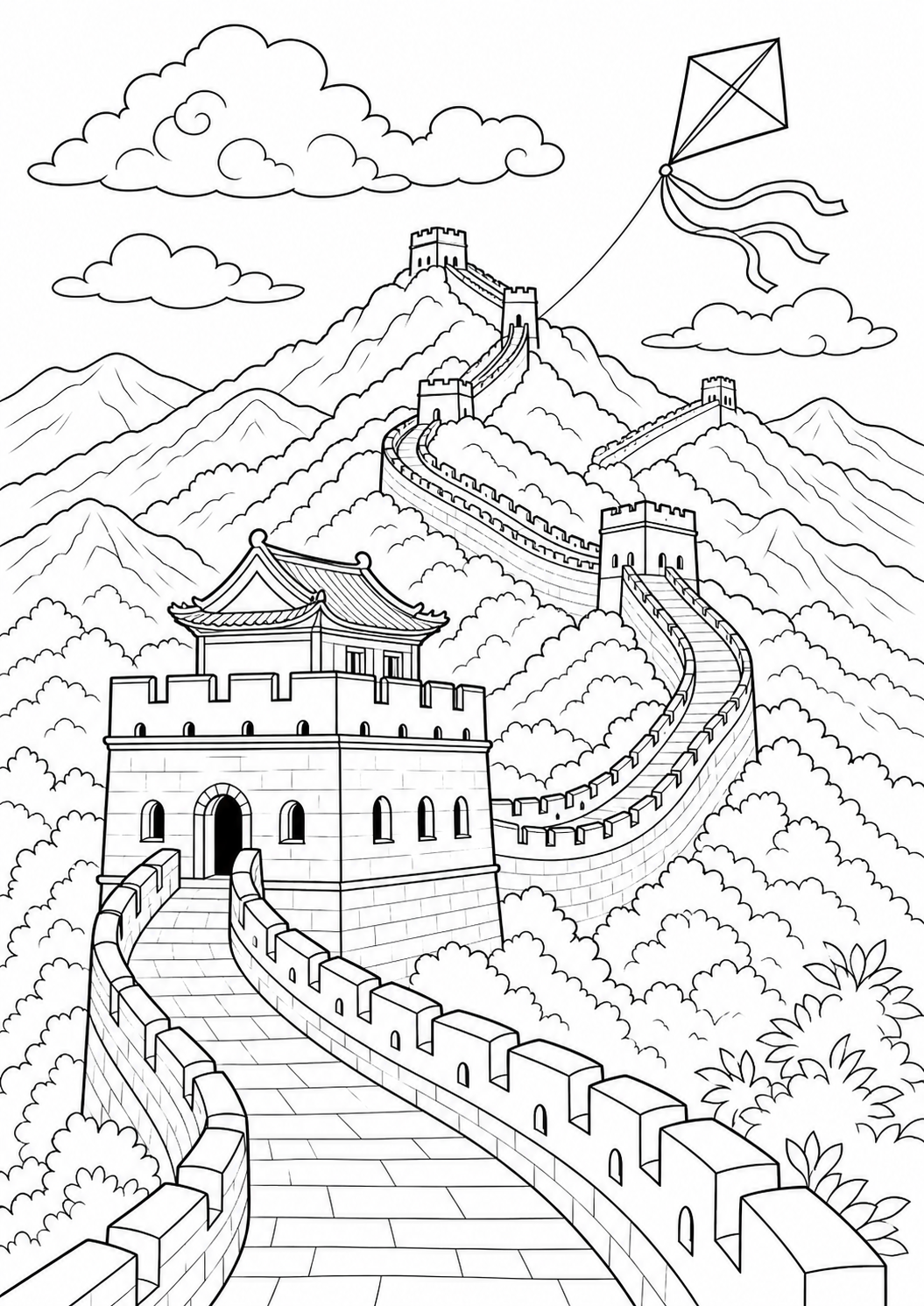 Chinesische Mauer als schwarz-weißes Geschichte-Ausmalbild mit klaren Konturen.