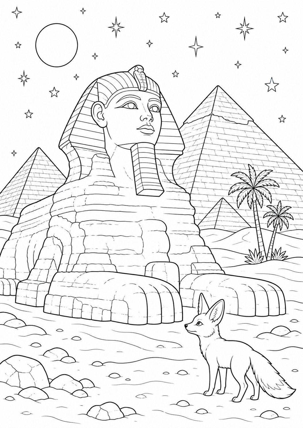 Grosse Sphinx von Gizeh als schwarz-weißes Geschichte-Ausmalbild mit klaren Konturen.