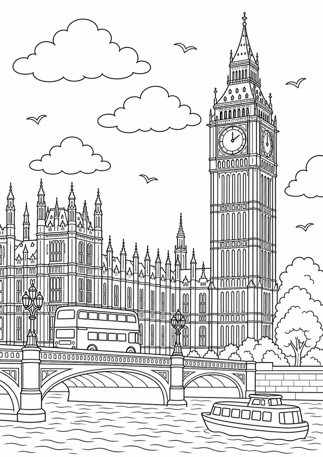 Big Ben und Elizabeth Tower als schwarz-weißes Geschichte-Ausmalbild mit klaren Konturen.