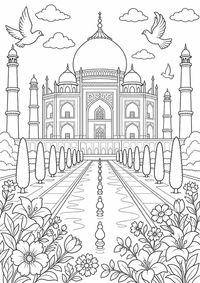 Taj Mahal in Agra ist ein kostenloses A4-Ausmalbild mit klaren schwarzen Konturen auf weißem Hintergrund zum Ausdrucken.