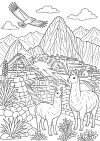 Machu Picchu au Pérou est un coloriage gratuit à imprimer en A4, avec des contours noirs nets sur fond blanc.