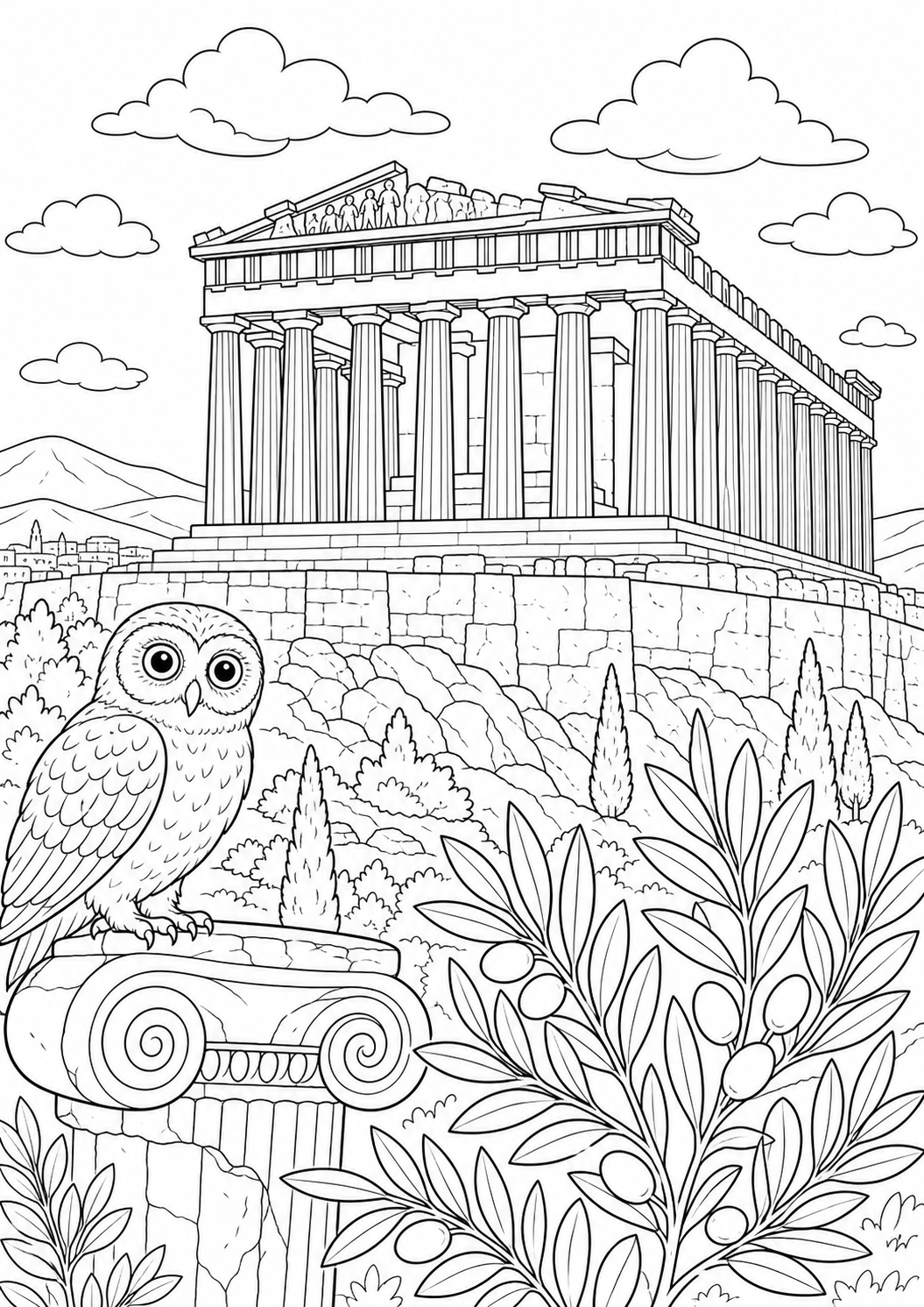 Parthenon auf der Akropolis als schwarz-weißes Geschichte-Ausmalbild mit klaren Konturen.