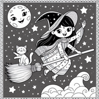 Volador bruja con gato es un dibujo de Halloween para colorear gratis, con contornos negros claros y detalles fáciles de imprimir para niños. Abre el archivo PNG, imprímelo en A4 y úsalo en casa, en el jardín de infancia o en la escuela.