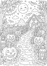 Halloween calabaza camino de faroles es un dibujo de Halloween para colorear gratis, con contornos negros claros y detalles fáciles de imprimir para niños. Abre el archivo PNG, imprímelo en A4 y úsalo en casa, en el jardín de infancia o en la escuela.