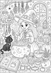 Halloween cocina de brujas es un dibujo de Halloween para colorear gratis, con contornos negros claros y detalles fáciles de imprimir para niños. Abre el archivo PNG, imprímelo en A4 y úsalo en casa, en el jardín de infancia o en la escuela.