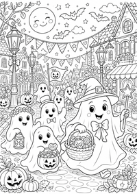 Halloween fantasmas desfile es un dibujo de Halloween para colorear gratis, con contornos negros claros y detalles fáciles de imprimir para niños. Abre el archivo PNG, imprímelo en A4 y úsalo en casa, en el jardín de infancia o en la escuela.