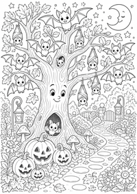 Halloween murciélago árbol es un dibujo de Halloween para colorear gratis, con contornos negros claros y detalles fáciles de imprimir para niños. Abre el archivo PNG, imprímelo en A4 y úsalo en casa, en el jardín de infancia o en la escuela.