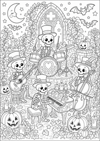 Halloween esqueleto capilla es un dibujo de Halloween para colorear gratis, con contornos negros claros y detalles fáciles de imprimir para niños. Abre el archivo PNG, imprímelo en A4 y úsalo en casa, en el jardín de infancia o en la escuela.