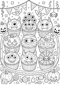 Halloween monstruo cupcakes es un dibujo de Halloween para colorear gratis, con contornos negros claros y detalles fáciles de imprimir para niños. Abre el archivo PNG, imprímelo en A4 y úsalo en casa, en el jardín de infancia o en la escuela.