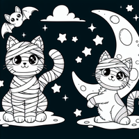 Gatos y murciélago en el cielo nocturno es un dibujo de Halloween para colorear gratis, con contornos negros claros y detalles fáciles de imprimir para niños. Abre el archivo PNG, imprímelo en A4 y úsalo en casa, en el jardín de infancia o en la escuela.