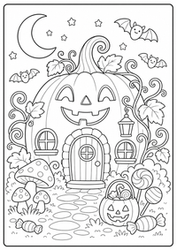 Calabaza casa en el luz de luna es un dibujo de Halloween para colorear gratis, con contornos negros claros y detalles fáciles de imprimir para niños. Abre el archivo PNG, imprímelo en A4 y úsalo en casa, en el jardín de infancia o en la escuela.