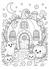 Halloween Kuerbis Haus ist ein kostenloses Halloween Ausmalbild mit klaren schwarzen Konturen zum Ausdrucken auf A4.