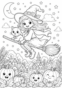 Freundliche Halloween Hexe ist ein kostenloses Halloween Ausmalbild mit klaren schwarzen Konturen zum Ausdrucken auf A4.