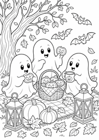 Halloween Geister Picknick ist ein kostenloses Halloween Ausmalbild mit klaren schwarzen Konturen zum Ausdrucken auf A4.