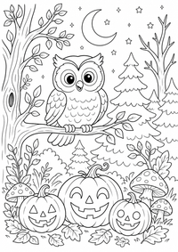 Halloween Zauberwald ist ein kostenloses Halloween Ausmalbild mit klaren schwarzen Konturen zum Ausdrucken auf A4.
