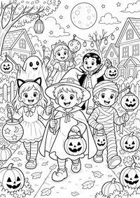 Halloween Kostuem Parade ist ein kostenloses Halloween Ausmalbild mit klaren schwarzen Konturen zum Ausdrucken auf A4.