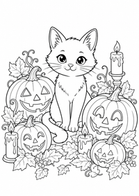 Black Cat Pumpkins Halloween — página para colorir é uma página gratuita para colorir e imprimir em A4, com contornos pretos nítidos e áreas claras para colorir. Sem cadastro.