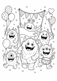 Monster desfile Halloween — página para colorir é uma página gratuita para colorir e imprimir em A4, com contornos pretos nítidos e áreas claras para colorir. Sem cadastro.