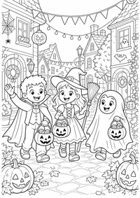 Halloween em costume street — página para colorir é uma página gratuita para colorir e imprimir em A4, com contornos pretos nítidos e áreas claras para colorir. Sem cadastro.