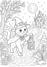 Halloween em costume street – detalhada cena — página para colorir é uma página gratuita para colorir e imprimir em A4, com contornos pretos nítidos e áreas claras para colorir. Sem cadastro.