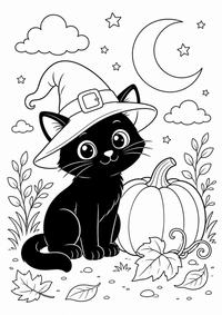 Halloween : Halloween Katze mit Hexenhut — página para colorir é uma página gratuita para colorir e imprimir em A4, com contornos pretos nítidos e áreas claras para colorir. Sem cadastro.