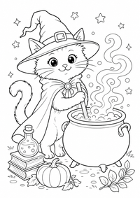 Witch Cat द्वारा a Cauldron — कलरिंग पेज एक मुफ्त A4 कलरिंग पेज है, जिसमें स्पष्ट काली रूपरेखाएँ और रंग भरने के लिए साफ़ क्षेत्र हैं। पंजीकरण आवश्यक नहीं।