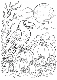 हैलोवीन raven के साथ pumpkins — कलरिंग पेज एक मुफ्त A4 कलरिंग पेज है, जिसमें स्पष्ट काली रूपरेखाएँ और रंग भरने के लिए साफ़ क्षेत्र हैं। पंजीकरण आवश्यक नहीं।