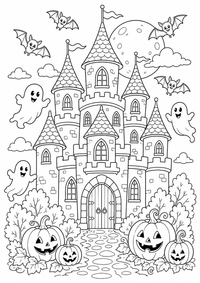Halloween Burg ist ein kostenloses A4-Ausmalbild mit klaren schwarzen Konturen zum Ausdrucken.