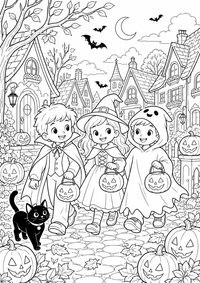 Kinder beim Halloween-Süßigkeitensammeln zeigt Kinder, die im Halloween-Dorf Süßigkeiten sammeln, mit Kürbissen, Fledermäusen und Häusern. Dieses kostenlose A4-Ausmalbild mit klaren schwarzen Konturen auf weißem Hintergrund ist zum Ausdrucken geeignet.