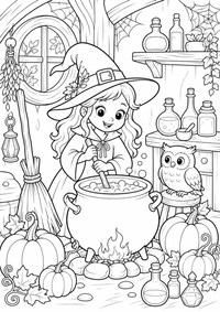 Kleine Hexe mit Zaubertrank zeigt eine kleine Hexe, die in der Küche einen Zaubertrank mit Kessel und Fläschchen braut. Dieses kostenlose A4-Ausmalbild mit klaren schwarzen Konturen auf weißem Hintergrund ist zum Ausdrucken geeignet.