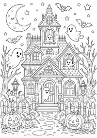 Fantasmas en el casa encantada es un dibujo de Halloween para colorear gratis, con contornos negros claros y detalles fáciles de imprimir para niños. Abre el archivo PNG, imprímelo en A4 y úsalo en casa, en el jardín de infancia o en la escuela.