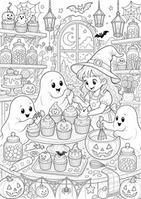 Halloween Geister padaria — página para colorir é uma página gratuita para colorir e imprimir em A4, com contornos pretos nítidos e áreas claras para colorir. Sem cadastro.