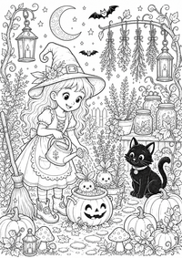 Halloween Witch Kraeutergarten — página para colorir é uma página gratuita para colorir e imprimir em A4, com contornos pretos nítidos e áreas claras para colorir. Sem cadastro.