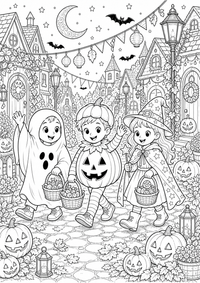 Halloween Kostuem desfile — página para colorir é uma página gratuita para colorir e imprimir em A4, com contornos pretos nítidos e áreas claras para colorir. Sem cadastro.