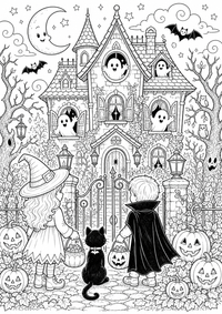 Halloween Haunted casa Freundlich — página para colorir é uma página gratuita para colorir e imprimir em A4, com contornos pretos nítidos e áreas claras para colorir. Sem cadastro.