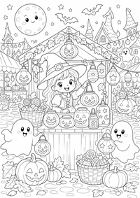Halloween Witch Lantern Market — página para colorir é uma página gratuita para colorir e imprimir em A4, com contornos pretos nítidos e áreas claras para colorir. Sem cadastro.