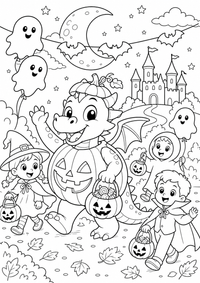 Halloween Pumpkin dragão desfile — página para colorir é uma página gratuita para colorir e imprimir em A4, com contornos pretos nítidos e áreas claras para colorir. Sem cadastro.