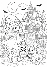 Witch com Cat e Pumpkin — página para colorir é uma página gratuita para colorir e imprimir em A4, com contornos pretos nítidos e áreas claras para colorir. Sem cadastro.