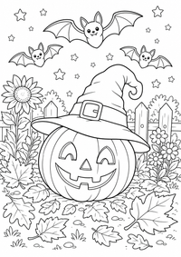 Pumpkin com Witch chapéu — página para colorir é uma página gratuita para colorir e imprimir em A4, com contornos pretos nítidos e áreas claras para colorir. Sem cadastro.