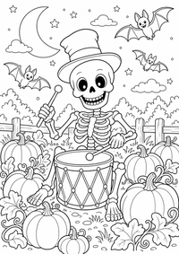 Skeleton drum — página para colorir é uma página gratuita para colorir e imprimir em A4, com contornos pretos nítidos e áreas claras para colorir. Sem cadastro.