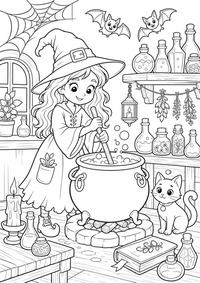 Witch cauldron kitchen — página para colorir é uma página gratuita para colorir e imprimir em A4, com contornos pretos nítidos e áreas claras para colorir. Sem cadastro.