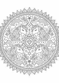 Unicornio mandala es un dibujo de mandala para colorear gratis, con contornos negros claros y detalles fáciles de imprimir para niños. Abre el archivo PNG, imprímelo en A4 y úsalo en casa, en el jardín de infancia o en la escuela.