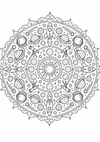 Espacio mandala es un dibujo de mandala para colorear gratis, con contornos negros claros y detalles fáciles de imprimir para niños. Abre el archivo PNG, imprímelo en A4 y úsalo en casa, en el jardín de infancia o en la escuela.