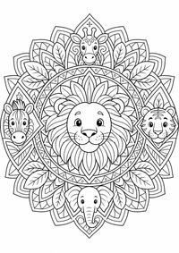 Lion जानवर मंडला — कलरिंग पेज एक मुफ्त A4 कलरिंग पेज है, जिसमें स्पष्ट काली रूपरेखाएँ और रंग भरने के लिए साफ़ क्षेत्र हैं। पंजीकरण आवश्यक नहीं।